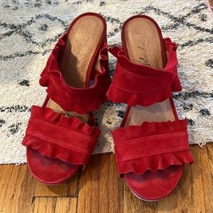 Free People Red Leather Slip On Frilled Sandal